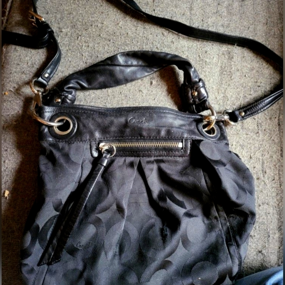 Dark Gray Coach Slouchy Shoulder Bag with Long Strap and Metal Hardware